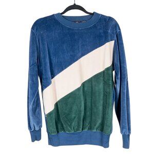 Velour Colorblock VTG Sweatshirt L Mens Diagonal Blue Crean White Crewneck